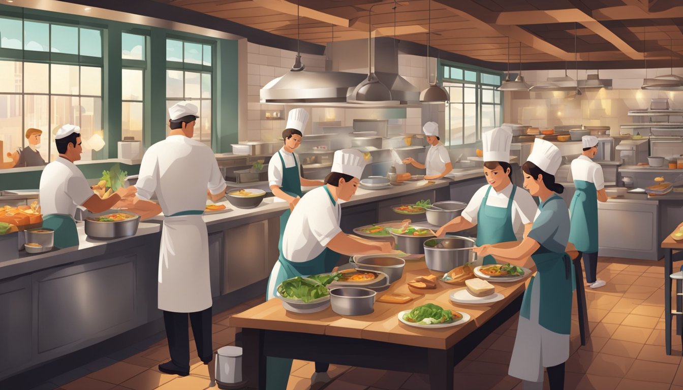 A bustling restaurant kitchen with chefs cooking, waiters serving, and customers enjoying their meals in a cozy, welcoming atmosphere