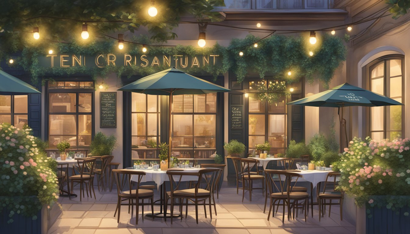 A quaint outdoor patio with string lights, bistro tables, and lush greenery. A sign reads "Tien Court Restaurant" in elegant script