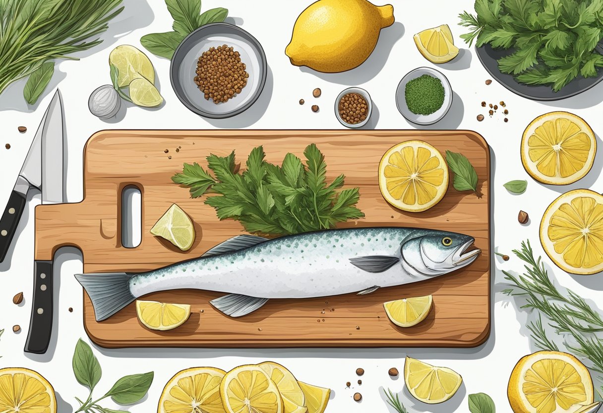A clean kitchen counter with a fresh cod fillet, surrounded by ingredients like lemon, herbs, and spices. A cutting board, knife, and bowl are nearby