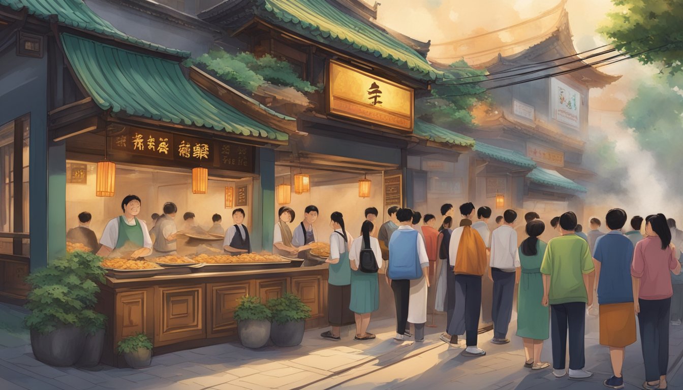 Customers line up outside Tien Court restaurant, eagerly awaiting their turn to enter. The aroma of sizzling stir-fry and steaming dumplings wafts through the air, creating a tantalizing scene