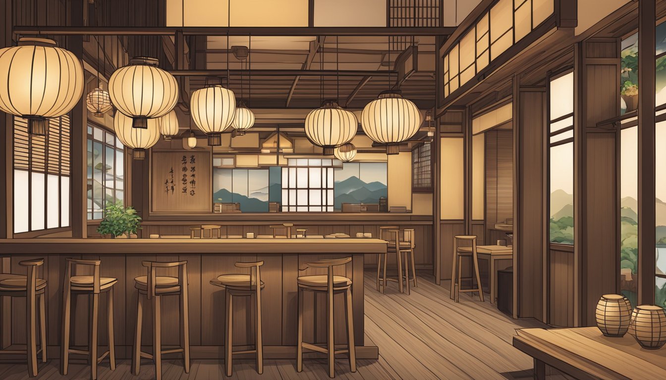 A traditional Japanese restaurant with wooden decor, paper lanterns, and a counter showcasing fresh unagi dishes