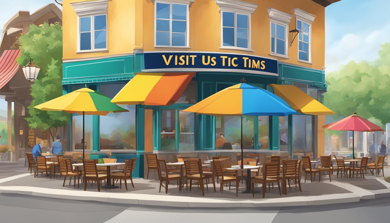 A bustling restaurant & cafe with outdoor seating, colorful umbrellas, and a welcoming sign "Visit Us tims" above the entrance