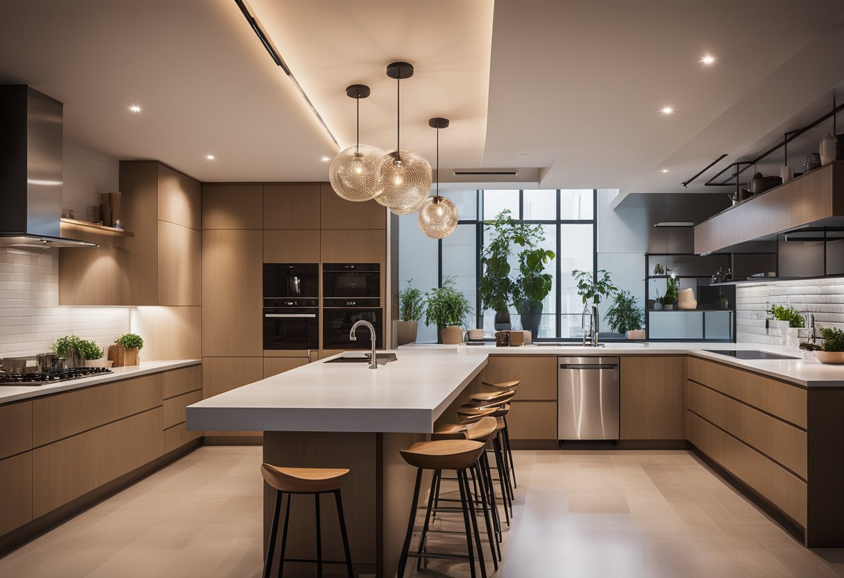 A modern kitchen with sleek, pendant ceiling lights casting a warm, functional glow over a clean, organized space