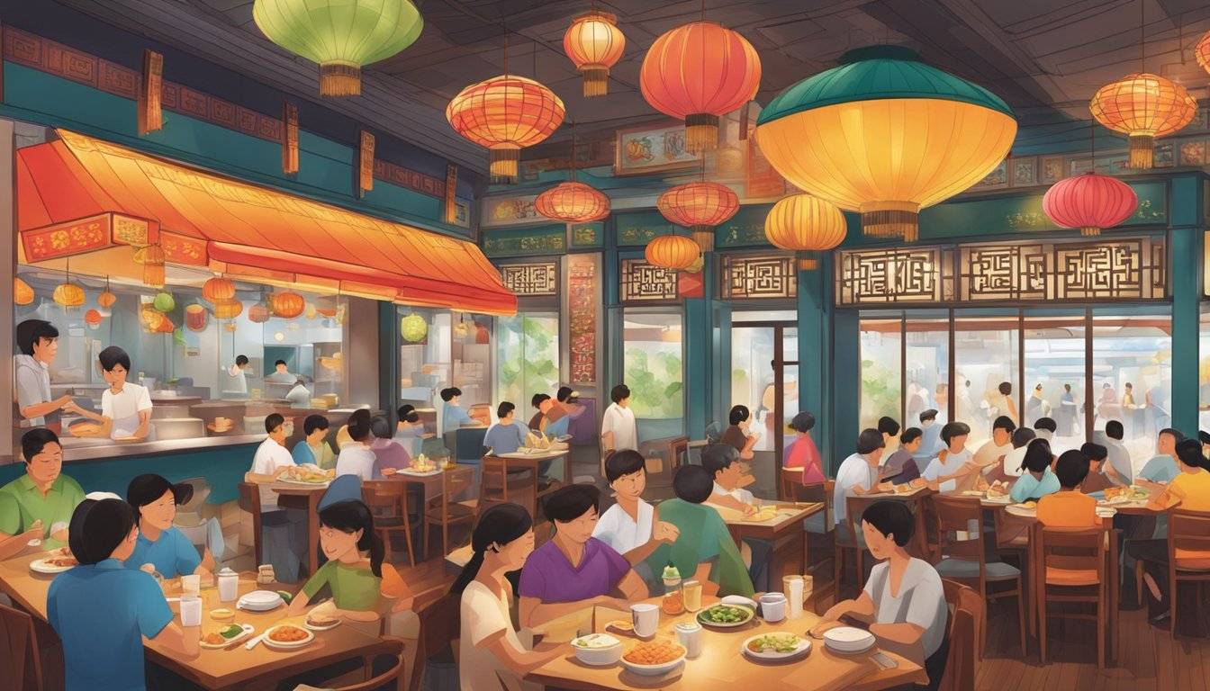 A bustling Chinese restaurant in Singapore, filled with colorful decor and the aroma of sizzling stir-fries. Customers enjoy their affordable meals at cozy tables while staff bustle around serving delicious dishes