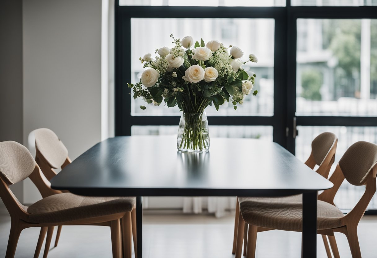 A modern kitchen table with sleek lines, surrounded by minimalist chairs. A vase of fresh flowers sits as a centerpiece, and natural light floods in from a nearby window