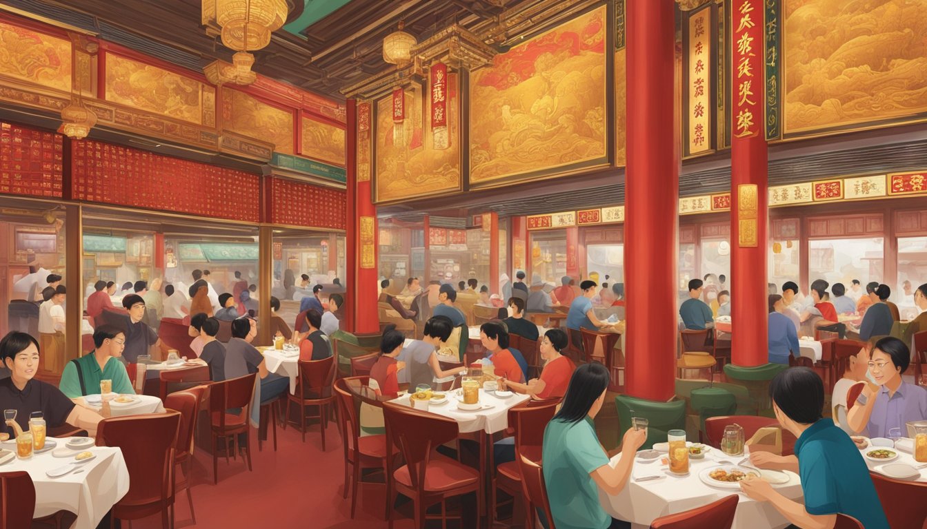 The bustling Yung Kee restaurant, with its red and gold decor, filled with patrons enjoying traditional Cantonese cuisine
