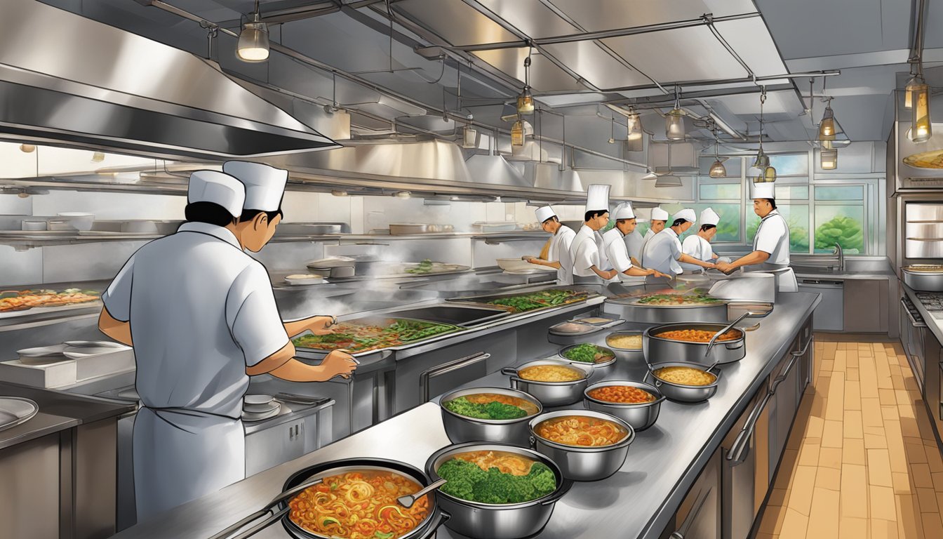 The bustling restaurant is filled with the aroma of sizzling woks and savory spices. Customers eagerly await their orders while chefs skillfully prepare authentic Cantonese dishes in the open kitchen