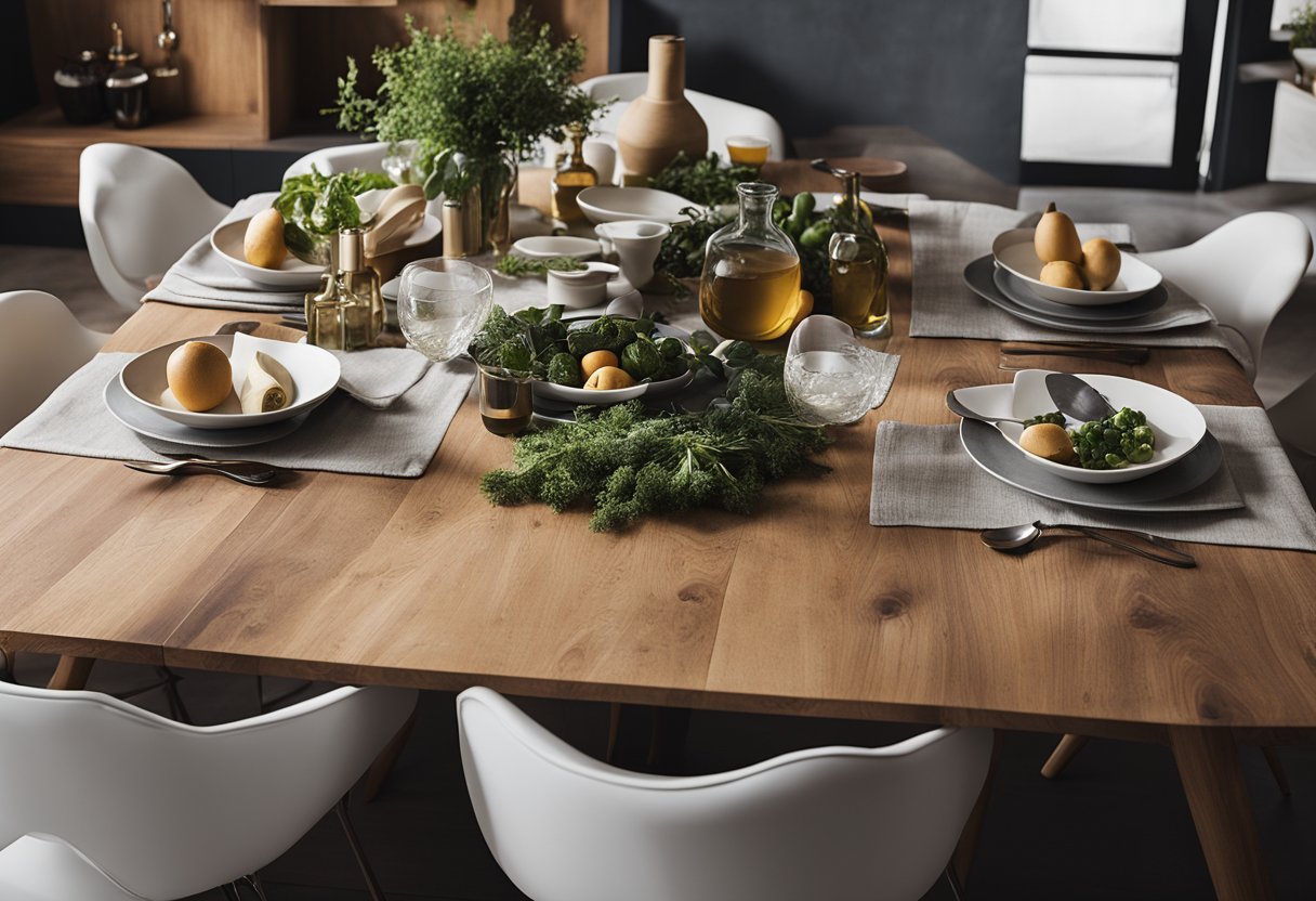 A variety of kitchen table designs are spread out on a large table, including modern, rustic, and minimalist styles. Different materials such as wood, metal, and glass are incorporated into the designs