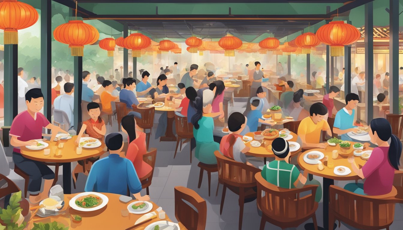 A bustling Chinese restaurant in Singapore, filled with the aromas of sizzling woks and steaming dumplings. Tables are adorned with colorful dishes, while patrons eagerly dig into their meals, enjoying the vibrant flavors of traditional Singaporean cuisine