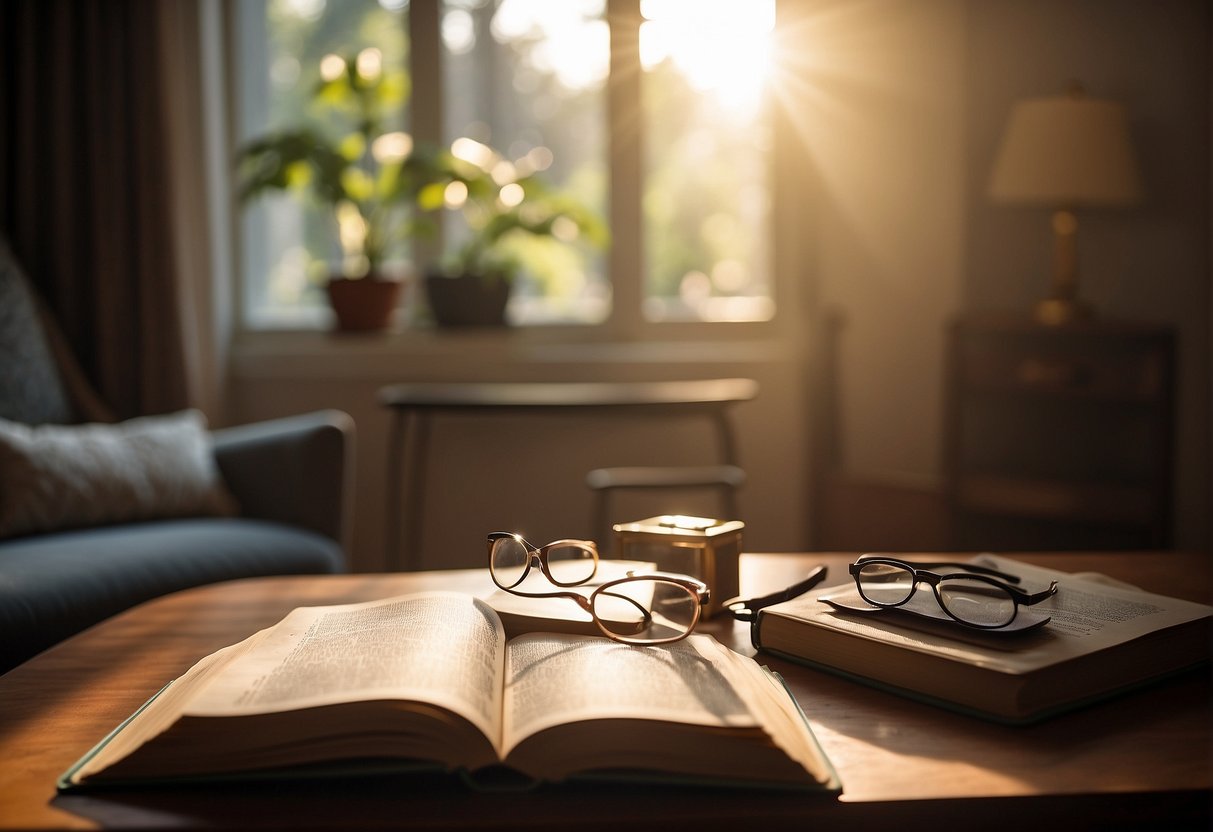 A cozy living room with a large print book on a table, a magnifying glass, and a pair of glasses. Sunlight streams in through the window, illuminating the space