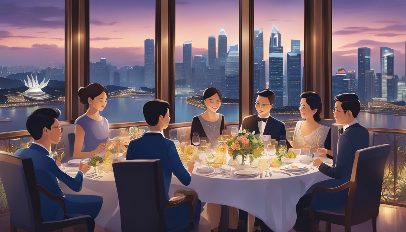 Guests enjoy a lavish dining experience at Empress restaurant, with elegant table settings, dim lighting, and a panoramic view of Singapore's cityscape