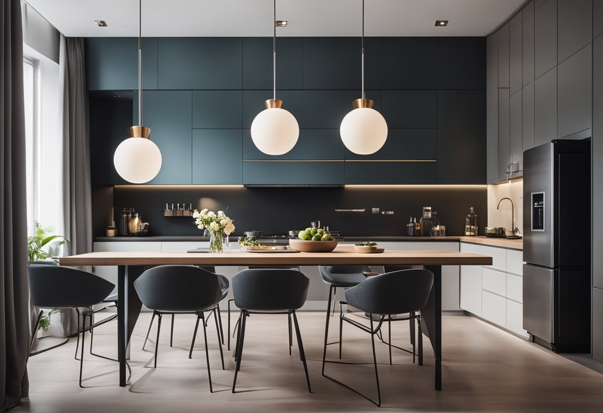 A sleek, modern kitchen table with clever storage solutions and a minimalist design, surrounded by chic chairs and stylish lighting
