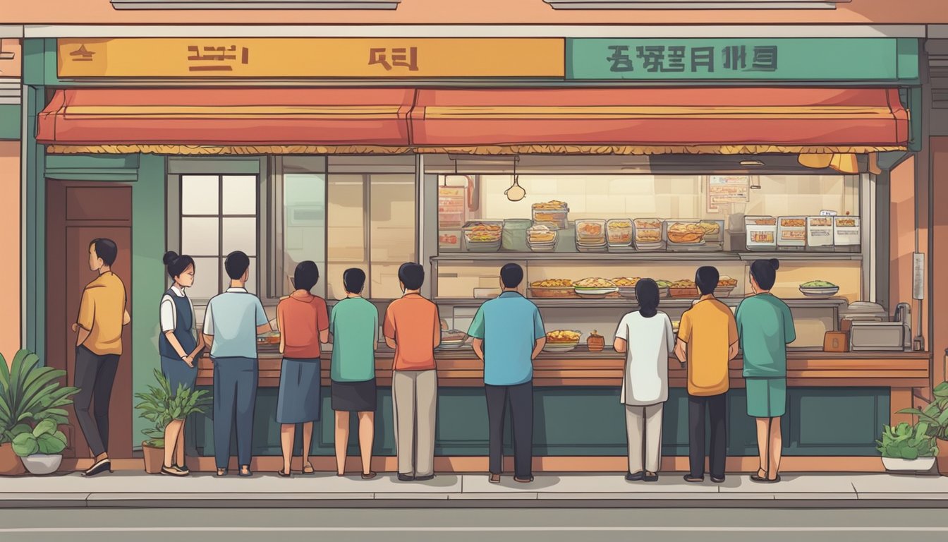 Customers lining up at an affordable Chinese restaurant in Singapore, with a sign displaying "Frequently Asked Questions" prominently