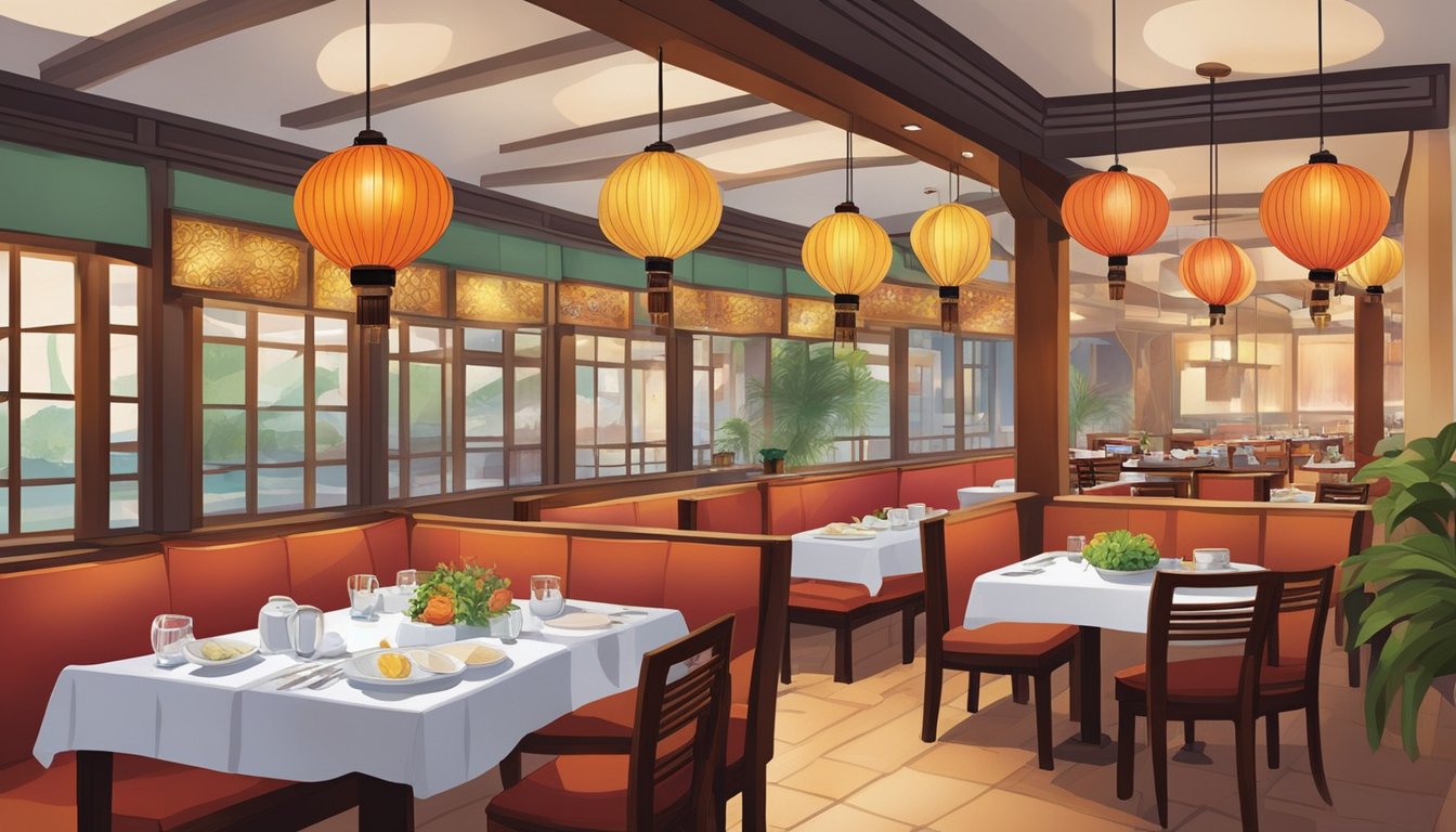 The Yishun restaurant bustles with diners, steam rising from hot dishes, and the aroma of sizzling spices fills the air. Tables are adorned with colorful place settings and the warm glow of hanging lanterns adds to the inviting ambiance