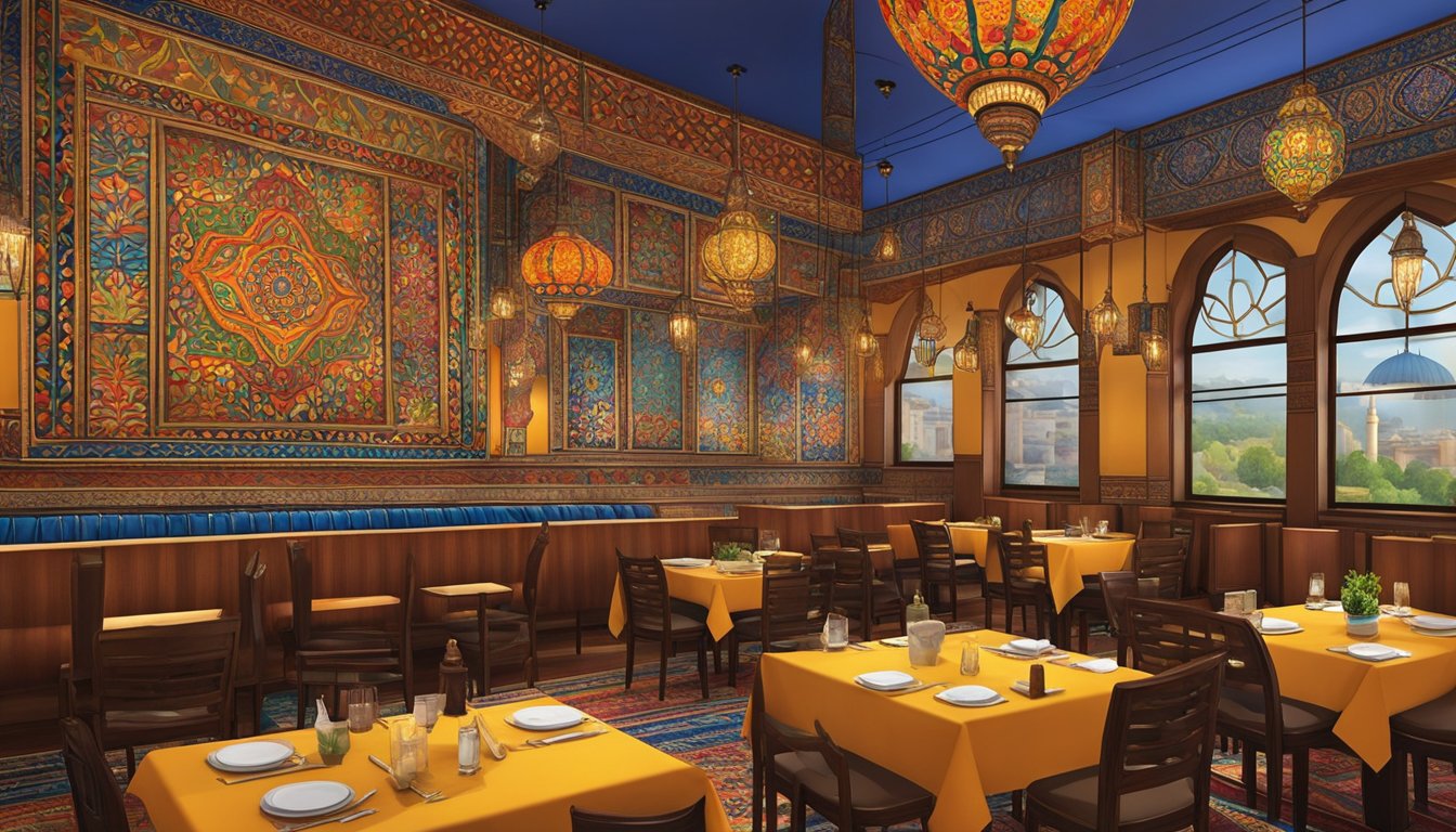 The Ayasofya Turkish restaurant is filled with rich, warm colors and traditional decor, with intricate patterns adorning the walls and vibrant textiles adding a pop of color to the space. The aroma of delicious, authentic Turkish cuisine fills the air, creating