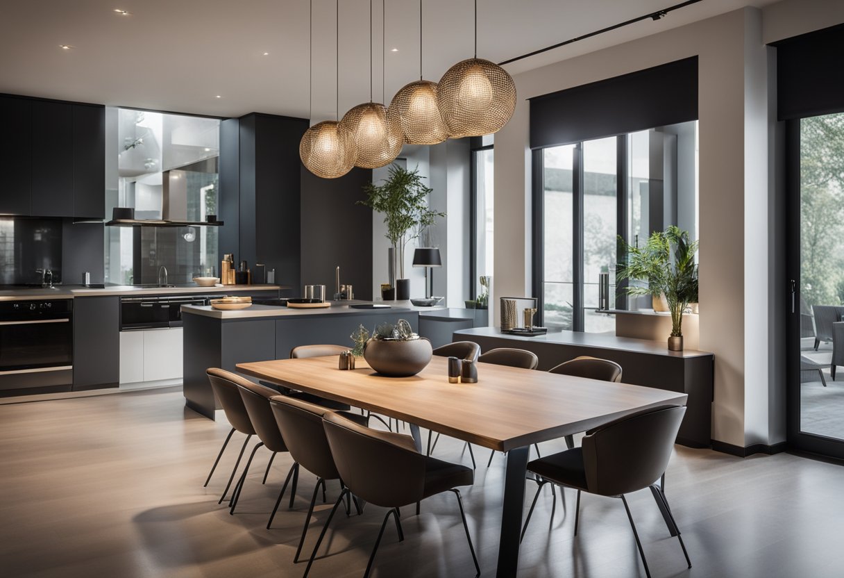 A modern kitchen table with clean lines and minimalist design, surrounded by stylish chairs and illuminated by pendant lights