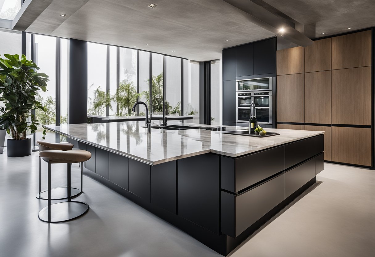 A sleek Boffi kitchen with minimalist design, featuring high-quality materials like stainless steel, marble, and wood