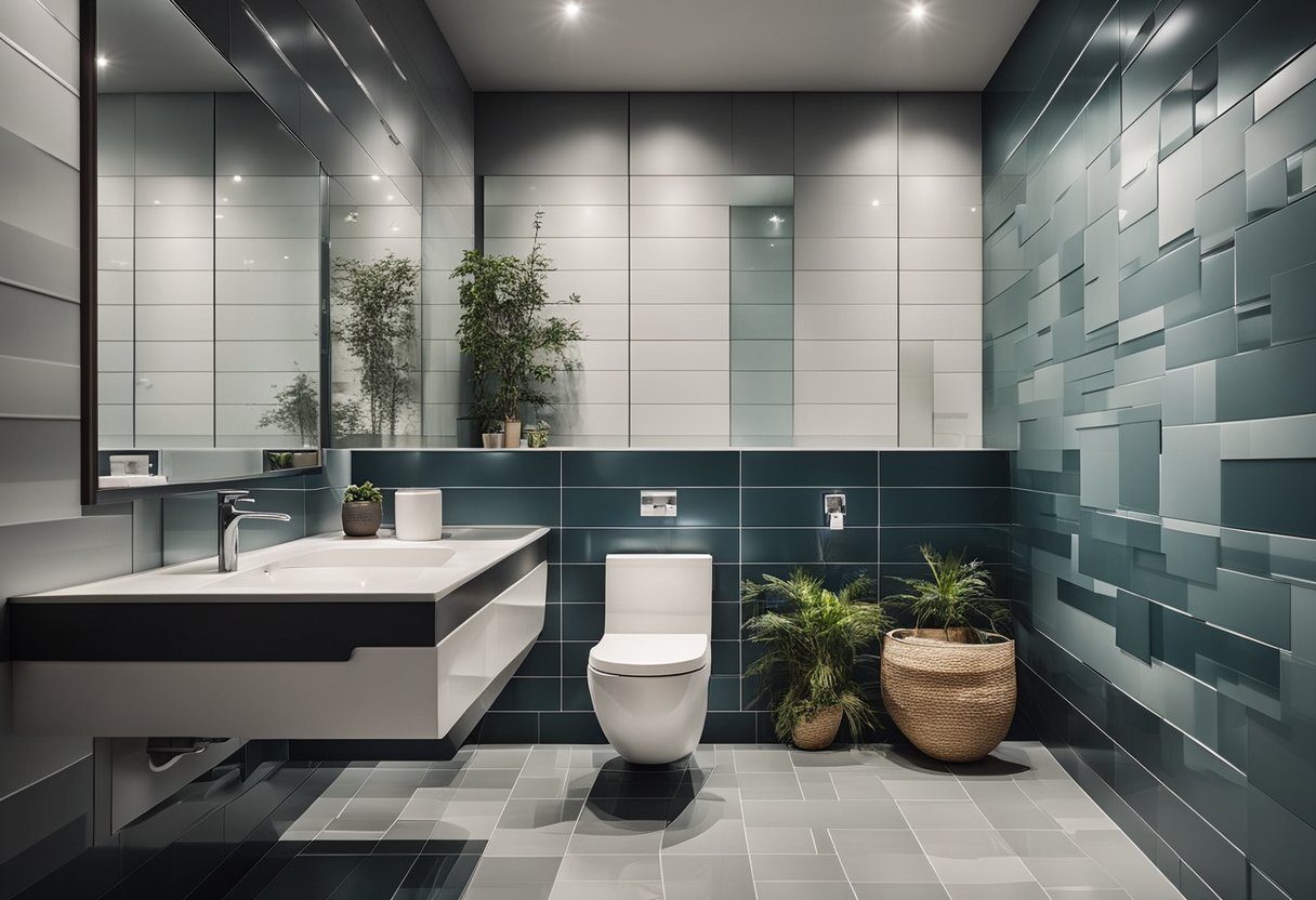 A bathroom with modern toilet tiles in various designs and colors