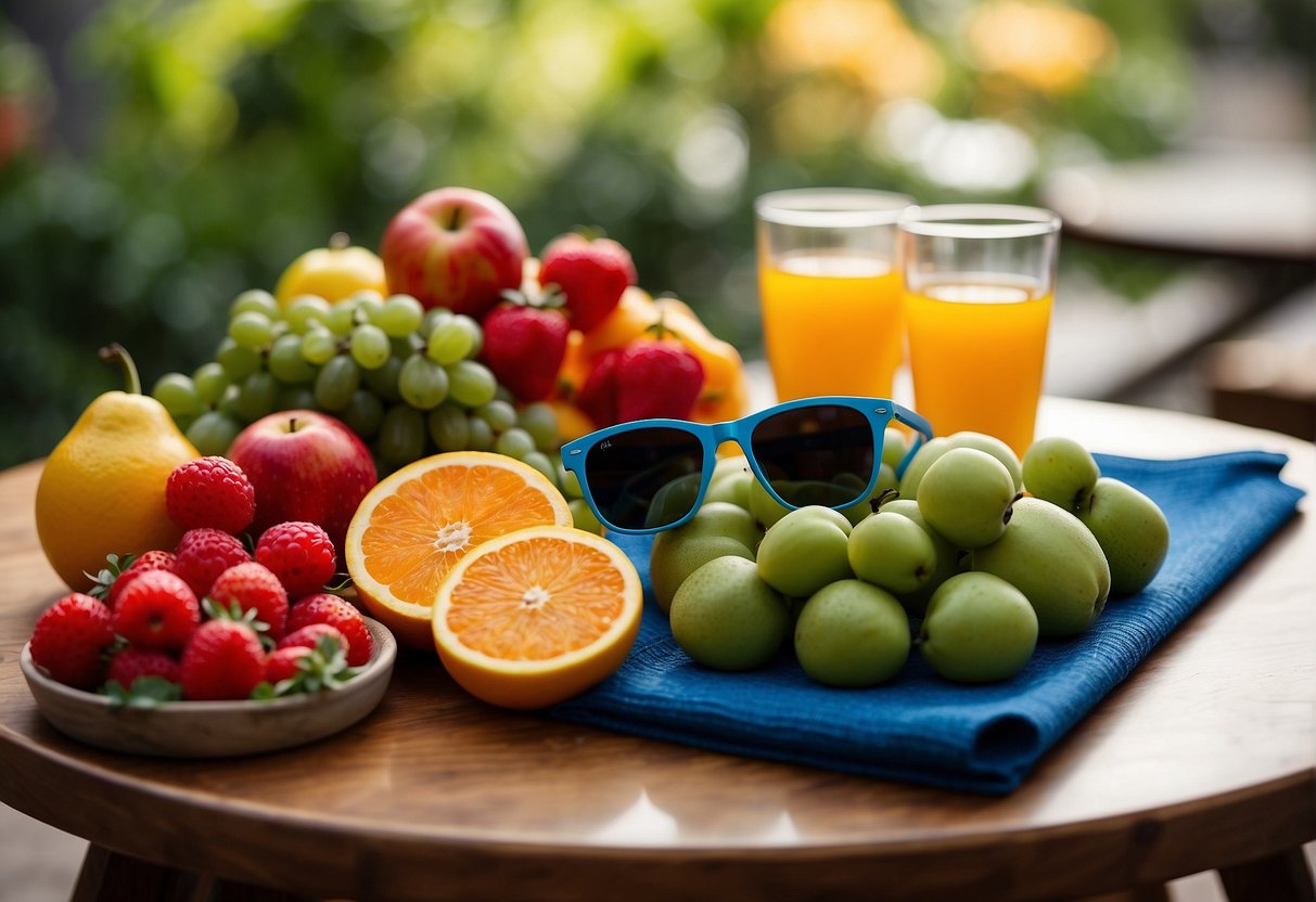 A table with colorful fruits, vegetables, and fish, alongside a pair of sunglasses and a yoga mat, symbolizing nutrition and lifestyle for macular degeneration