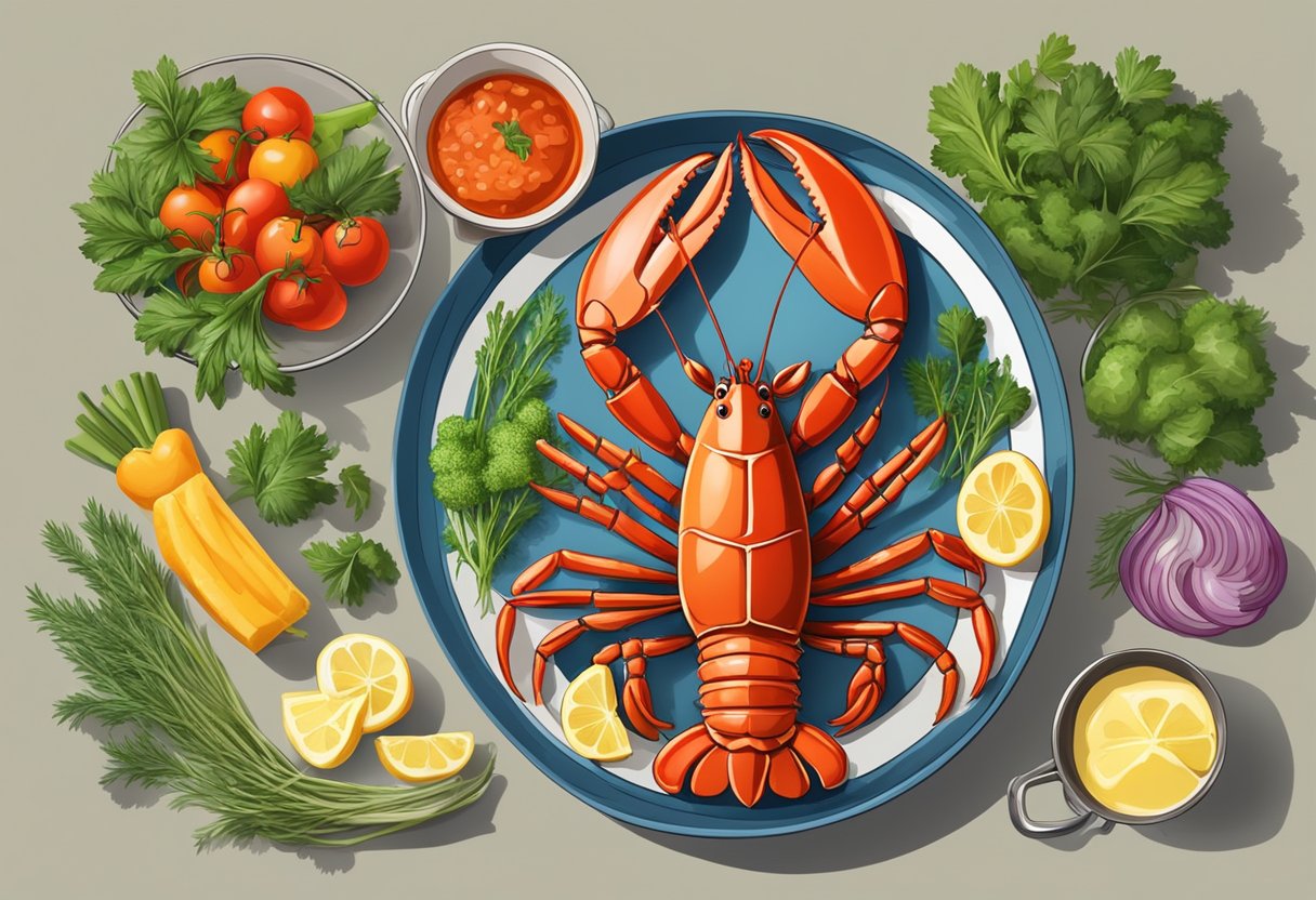 A lobster being prepared with butter and herbs, surrounded by fresh vegetables and a pot of boiling water