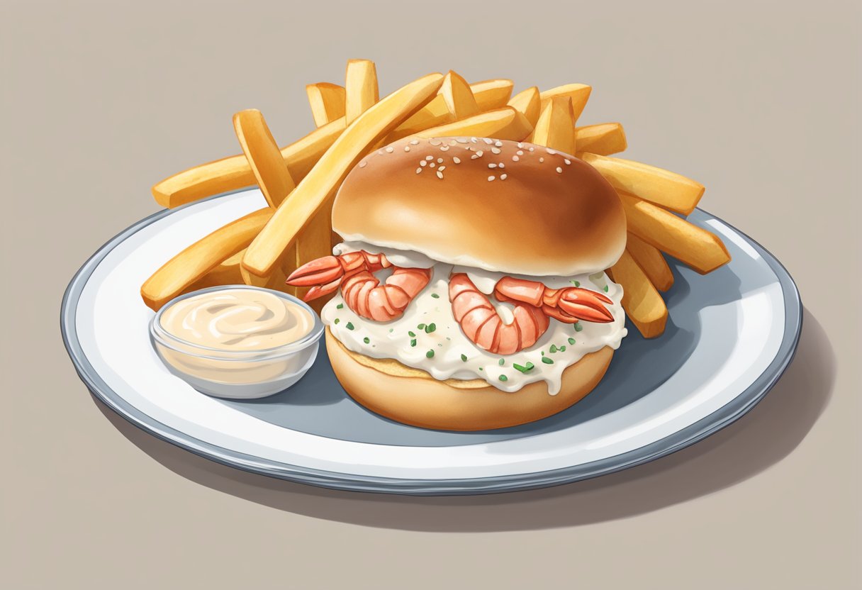 A buttered and toasted split-top bun filled with chunks of fresh lobster meat, lightly dressed in mayonnaise, and served with a side of crispy fries