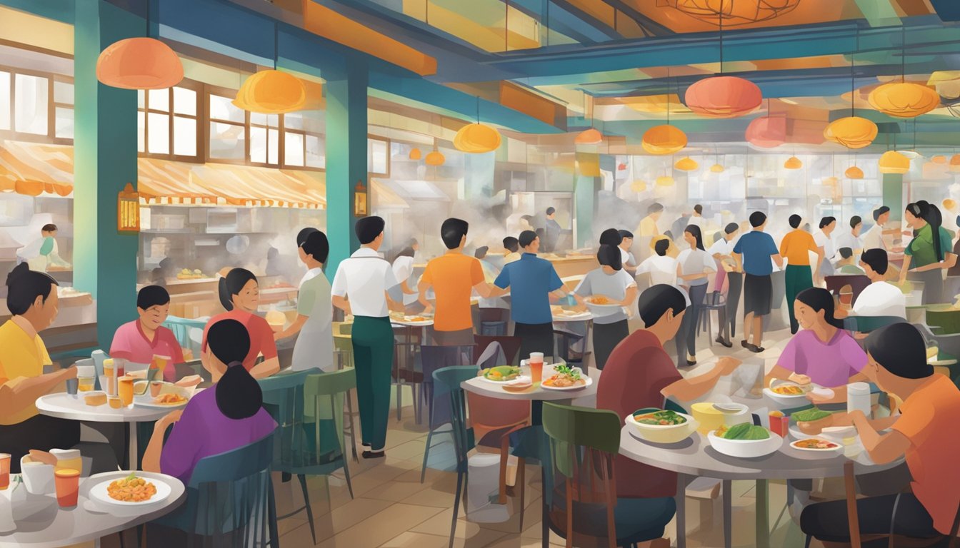 A bustling Bedok restaurant with steaming dishes, bustling waitstaff, and colorful decor