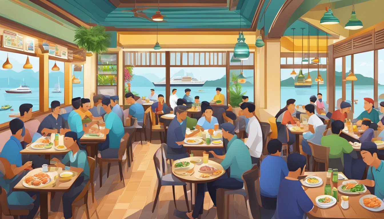 A bustling halal seafood restaurant in Singapore, with colorful decor and a lively atmosphere, as diners enjoy fresh catches from the sea
