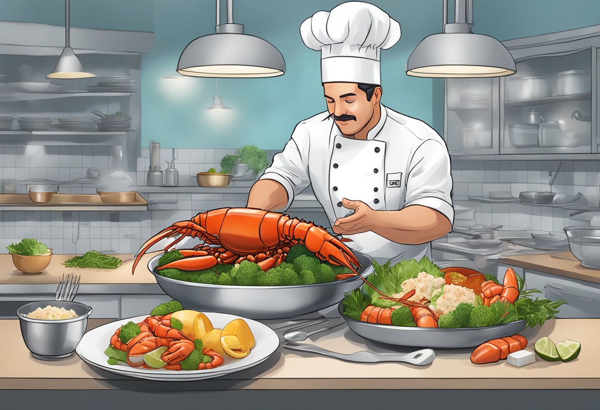 A chef prepares a Boston lobster dish with various enhancements, showcasing the recipe's versatility and creativity