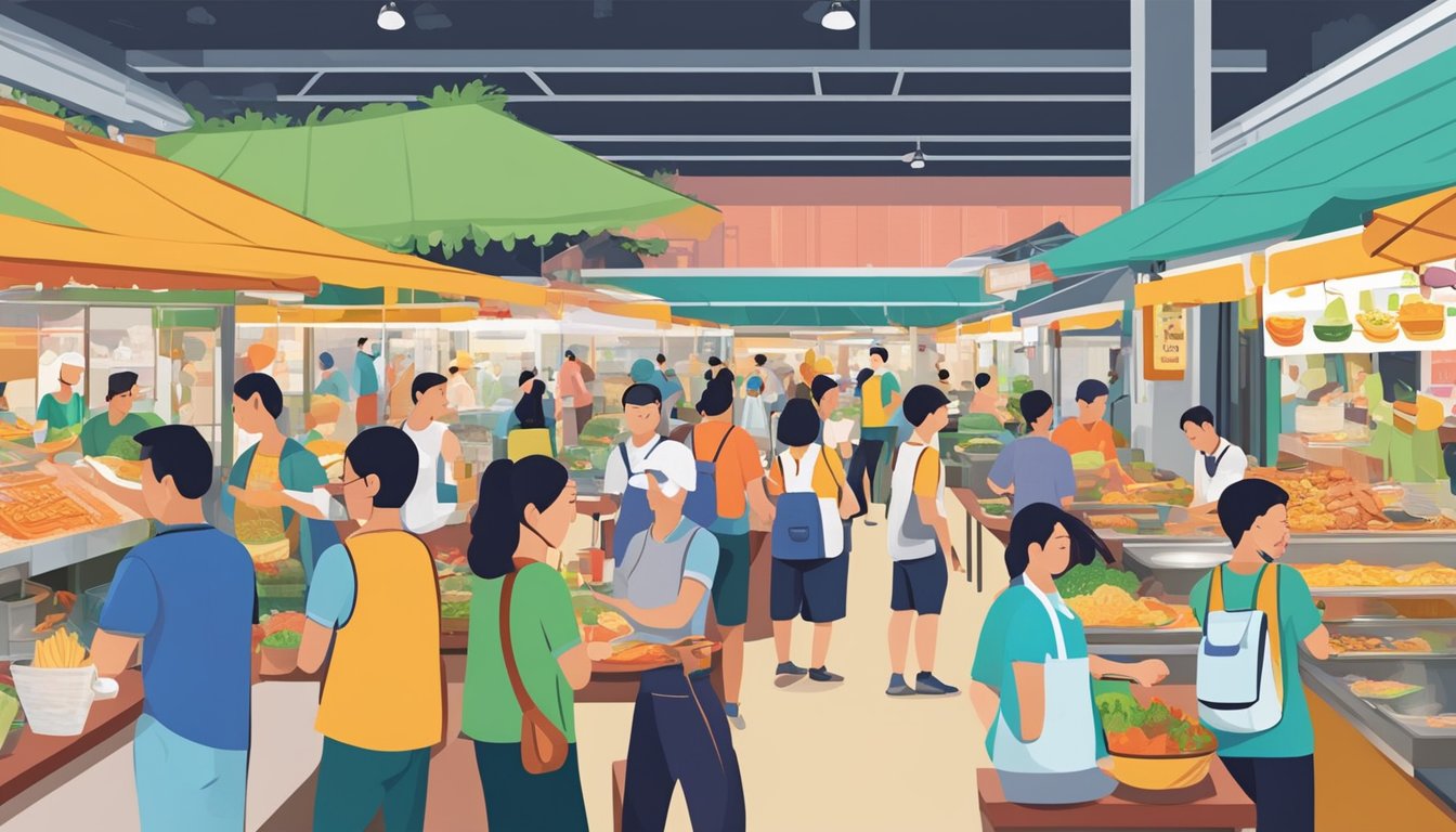 Customers savoring diverse cuisines at Bedok's bustling hawker center, with vendors showcasing their vibrant dishes and bustling with activity