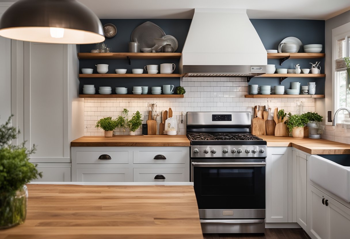A small kitchen with fresh paint, new hardware, and updated lighting. Open shelving displays neatly organized dishes and glassware. A butcher block countertop adds warmth, while a subway tile backsplash completes the look