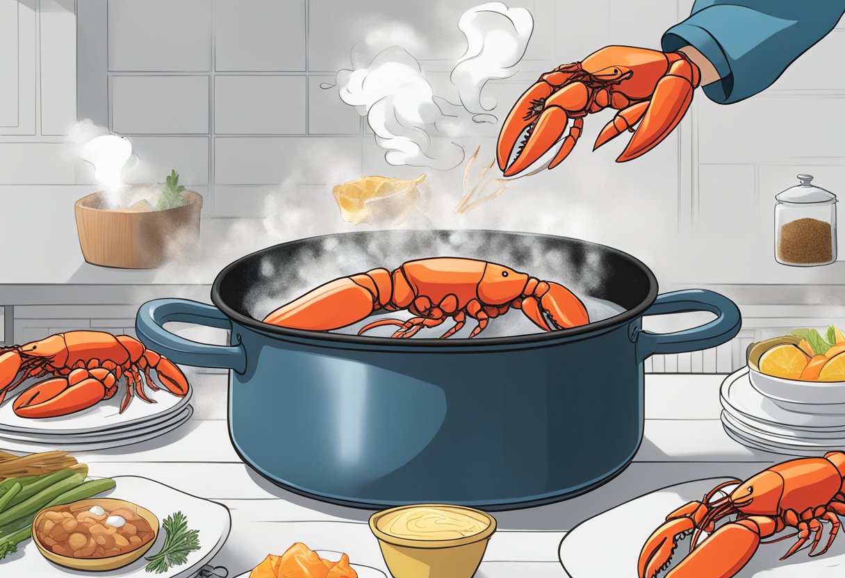 A large pot of boiling water with a bright red lobster being dropped in, steam rising, and a chef's hand adding seasoning