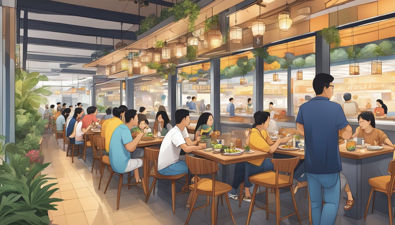 Customers enjoying diverse cuisines at Bedok restaurants, from hawker stalls to upscale dining, amidst bustling activity and vibrant decor