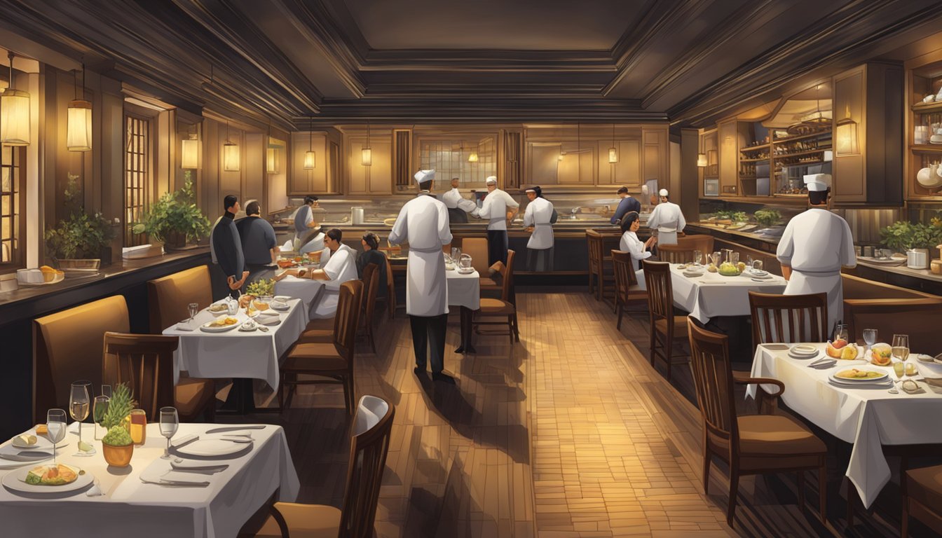 The bustling Braci restaurant, with dimly lit ambiance, features elegant decor and a central open kitchen where chefs skillfully prepare exquisite dishes