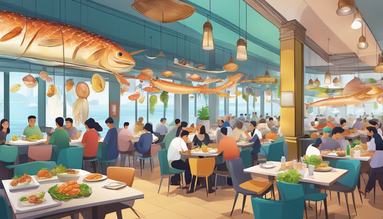 A bustling halal seafood restaurant in Singapore, with colorful decor and a lively atmosphere, diners enjoying fresh seafood dishes beyond the plate