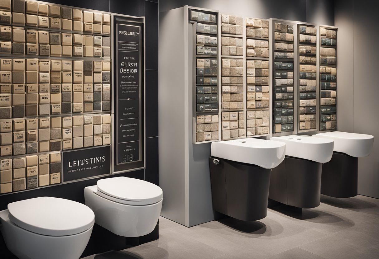 A display of various toilet tiles in a showroom, with a sign reading "Frequently Asked Questions: latest design."
