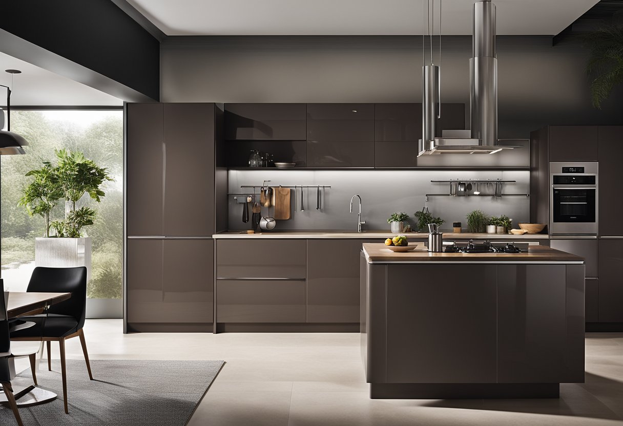The kitchen cupboard doors feature sleek, modern designs with clean lines and minimalist hardware. The doors are made of rich, dark wood with a glossy finish, adding a touch of sophistication to the kitchen