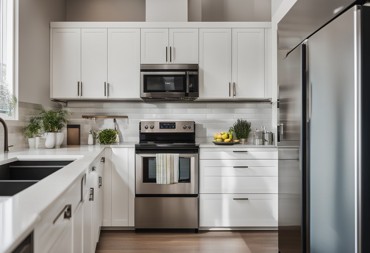 A kitchen with updated cabinets, modern appliances, and stylish fixtures. Bright lighting and a fresh color scheme give the space a contemporary feel