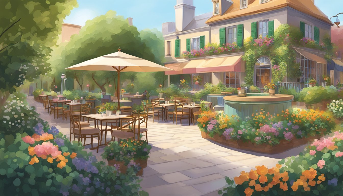 Lush garden with colorful flowers, cozy tables, and a charming fountain at Le Jardin restaurant