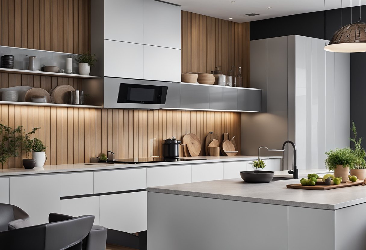 A kitchen with sleek, modern cupboard doors in various designs, showcasing functionality and style. Materials include wood, glass, and metal