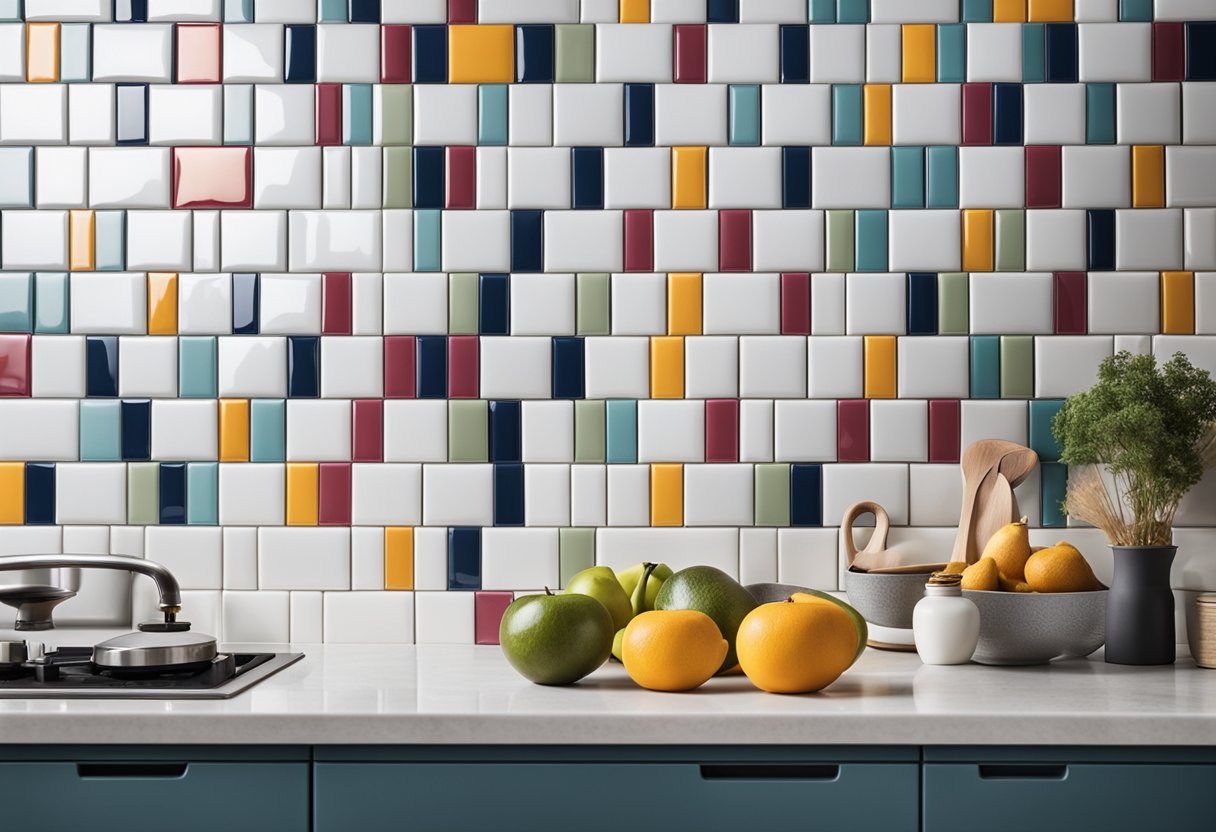 A modern kitchen with sleek white subway tiles arranged in a herringbone pattern, accented with a few bold, colorful tiles for a pop of personality