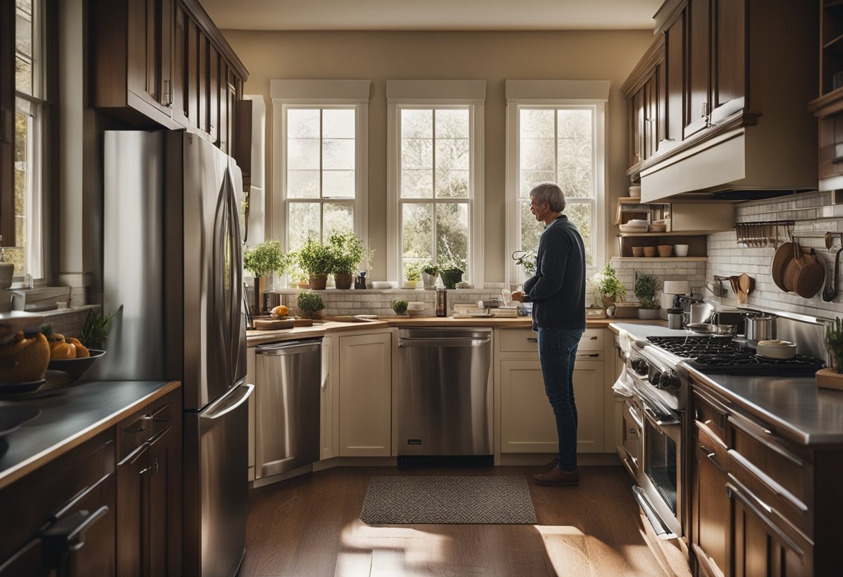 A cluttered kitchen with outdated cabinets and appliances. A homeowner browses through a list of budget-friendly renovation ideas. Light streams in through the window, illuminating the space