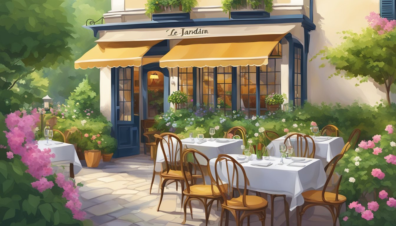 A charming French restaurant, Le Jardin, with a cozy outdoor patio surrounded by lush greenery and colorful flowers