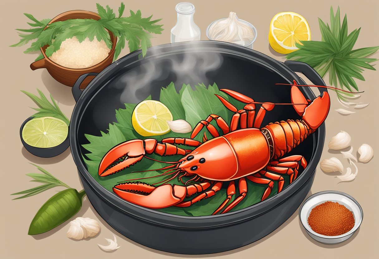 A live lobster is being prepared for a Singapore recipe, surrounded by ingredients like chili, garlic, ginger, and lemongrass, with a steaming pot in the background