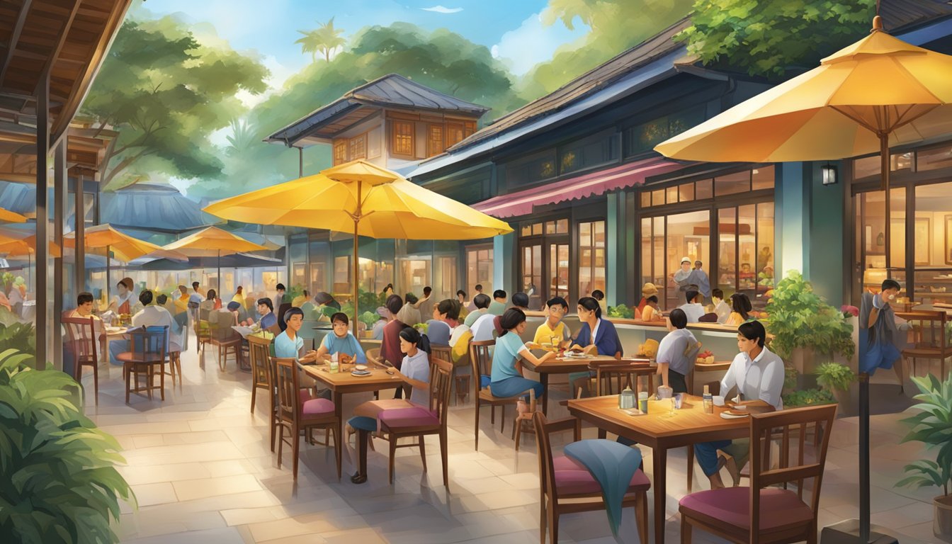 The bustling Changi Village restaurant features outdoor seating, colorful umbrellas, and a variety of delicious dishes on the tables