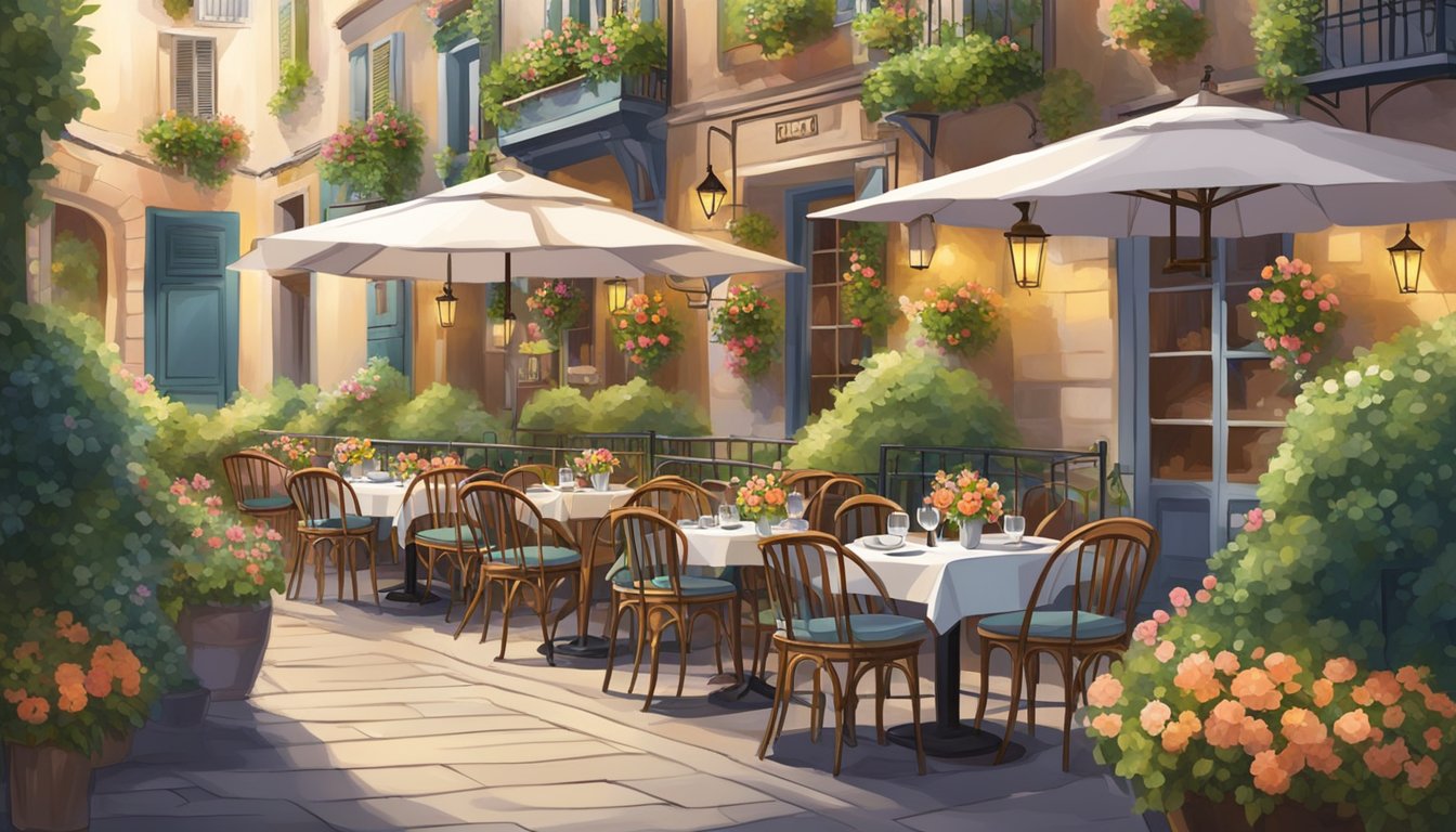 A cozy French restaurant with a charming outdoor garden, filled with blooming flowers, lush greenery, and bistro tables set for dining