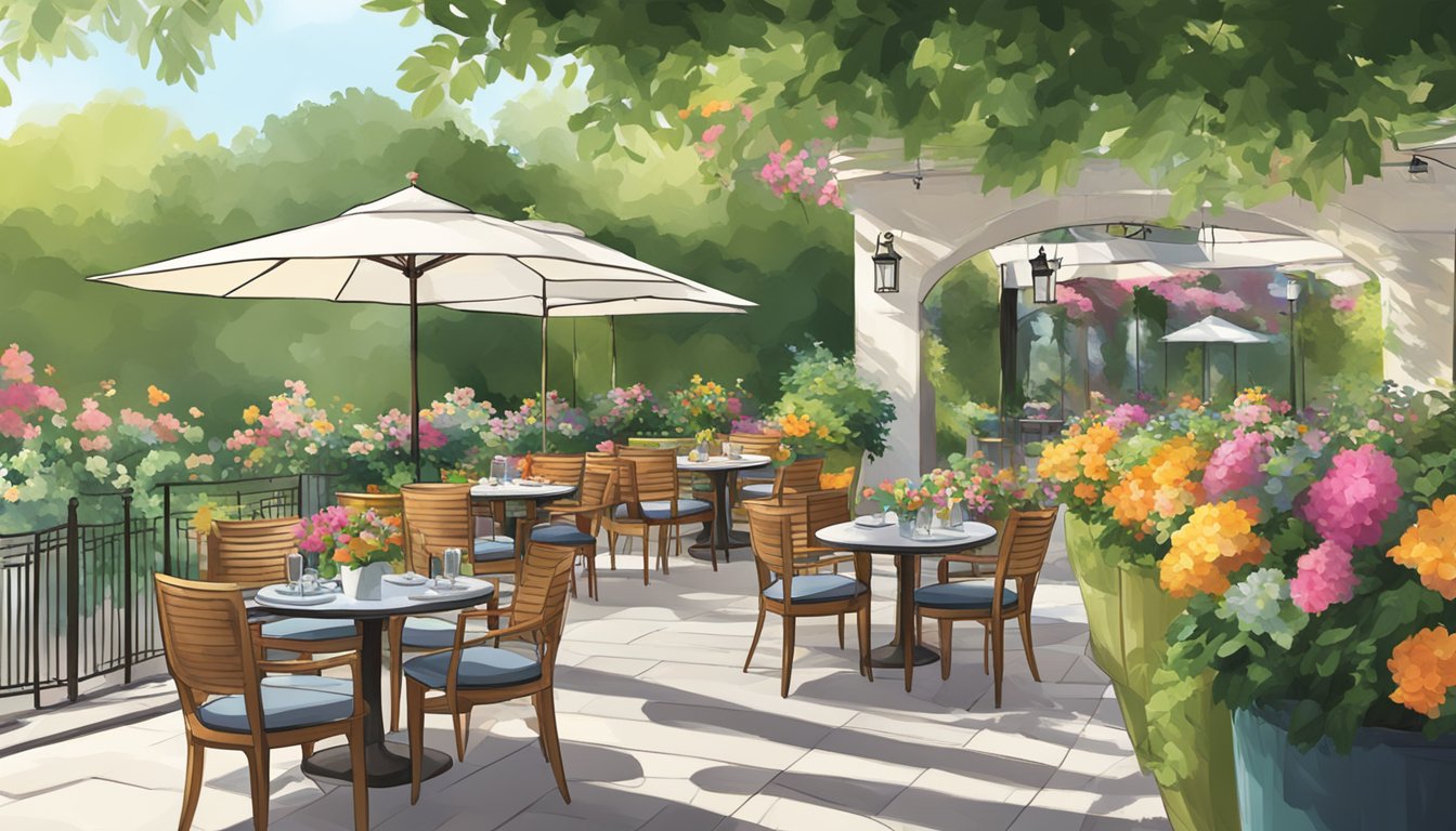 The outdoor patio of Le Jardin restaurant, with elegant tables and chairs surrounded by lush greenery and colorful flowers