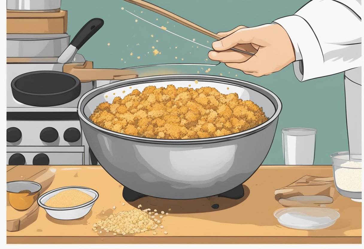 A mixing bowl filled with diced fish, breadcrumbs, eggs, and seasonings. A chef's hand forms the mixture into patties before frying in a sizzling pan