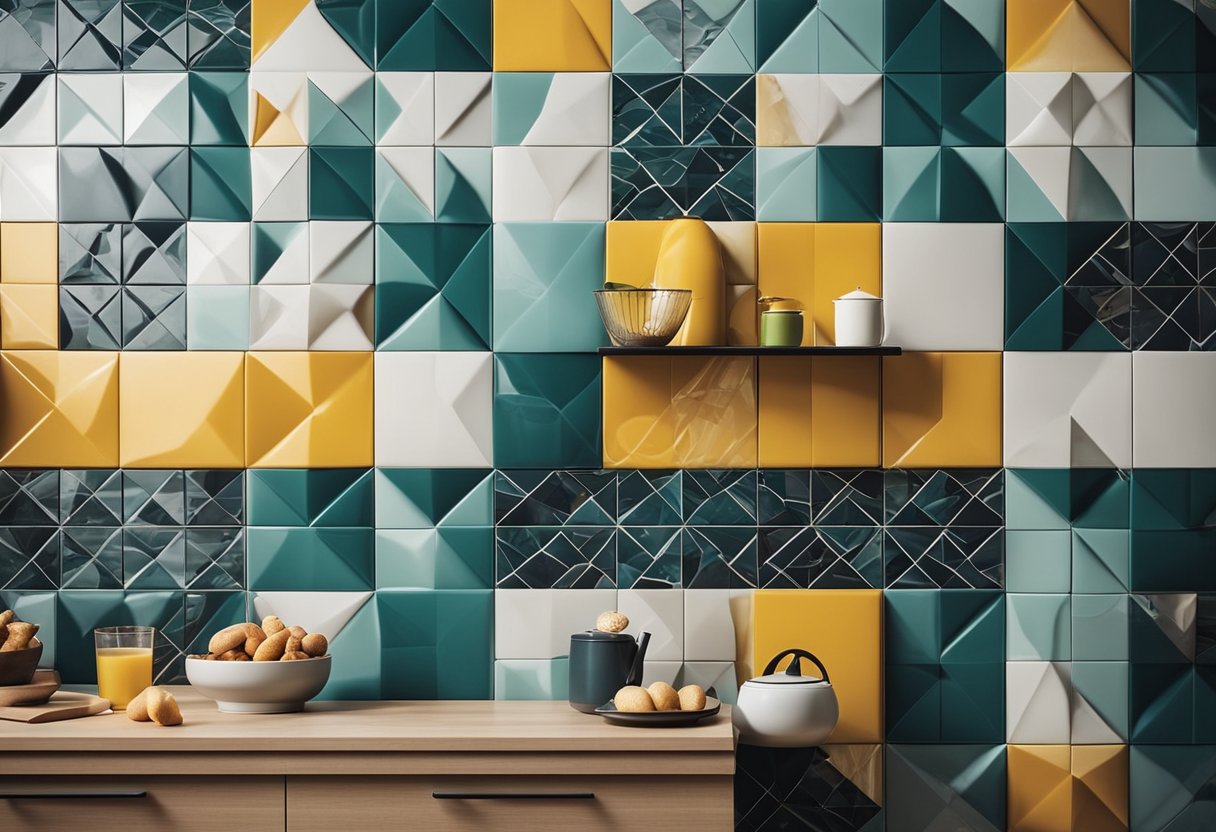 A modern kitchen with geometric patterned tiles in various colors and textures, creating a dynamic and stylish wall design