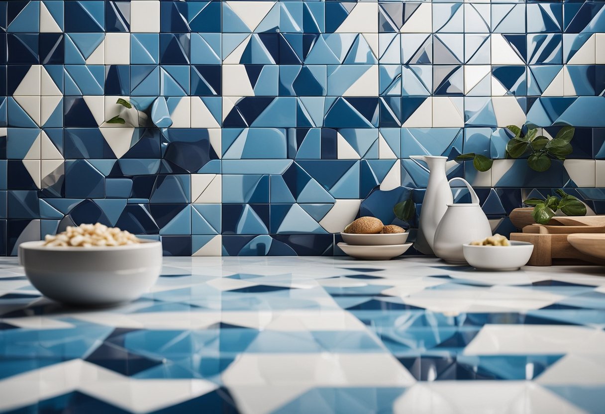 A modern kitchen with geometric patterned wall tiles in shades of blue and white, creating a dynamic and visually appealing design