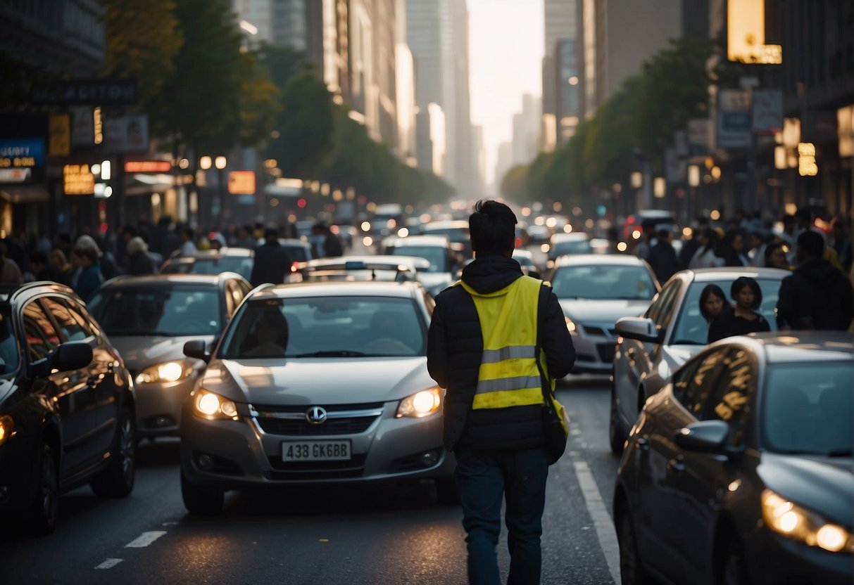 A crowded city street with traffic, pollution, and people with high eye pressure